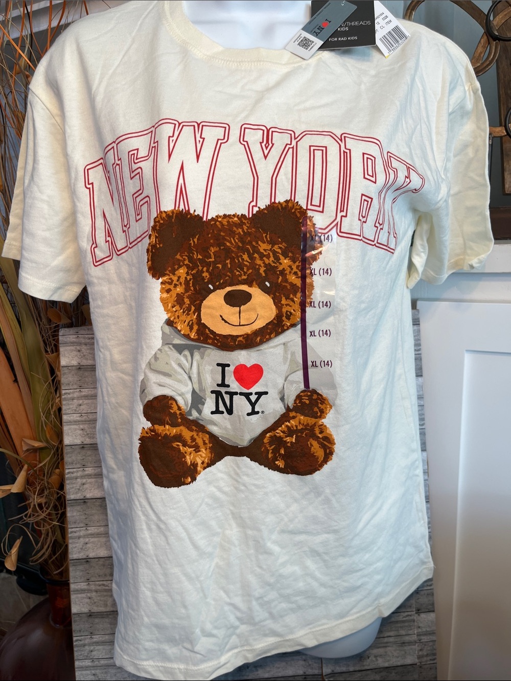 Grayson Threads Cream Tee with Brown Teddy and Red NY Lettering